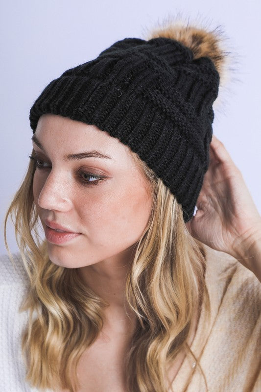 Women Braided Knitted Fur Pom Pom Beanie | Zarnesh