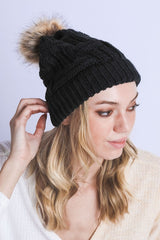 Women Braided Knitted Fur Pom Pom Beanie | Zarnesh