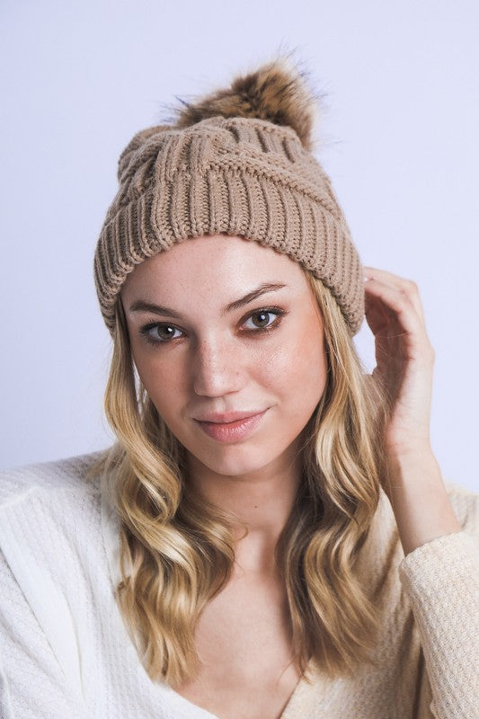 Women Braided Knitted Fur Pom Pom Beanie | Zarnesh