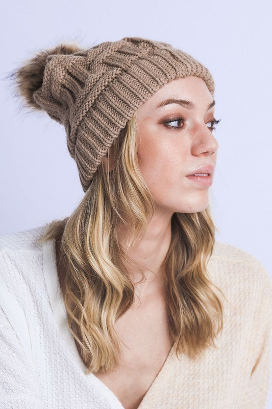 Women Braided Knitted Fur Pom Pom Beanie | Zarnesh