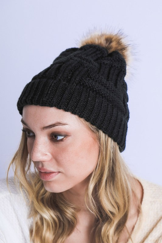 Women Braided Knitted Fur Pom Pom Beanie | Zarnesh