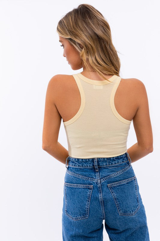 Women Front Cut Out Racerback Round Neck Sleeveless Bodysuit Zarnesh