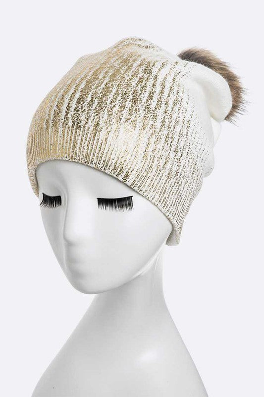 Women Metallic Cashmere Fur Pom Beanie | Zarnesh