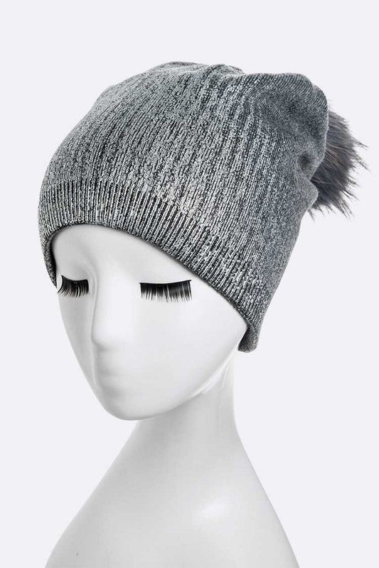 Women Metallic Cashmere Fur Pom Beanie | Zarnesh