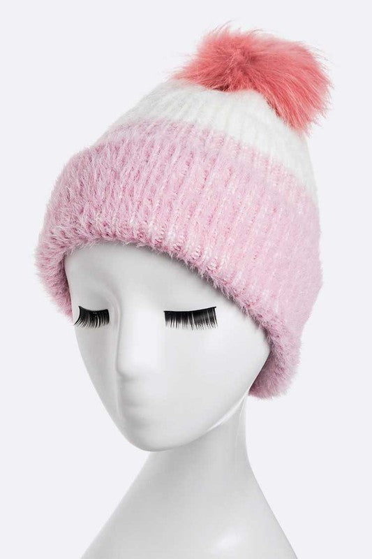 Women Wool Blend Fur Pom Pop Color Beanie | Zarnesh