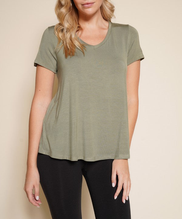 Women Bamboo V Neck Flared Open Bottom Short Sleeves T Shirt Zarnesh