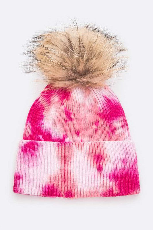 Women Tie Dyed Natural Raccoon Fur Pom Beanie | Zarnesh