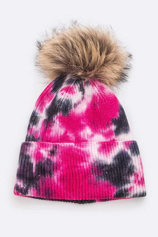 Women Tie Dyed Natural Raccoon Fur Pom Beanie | Zarnesh