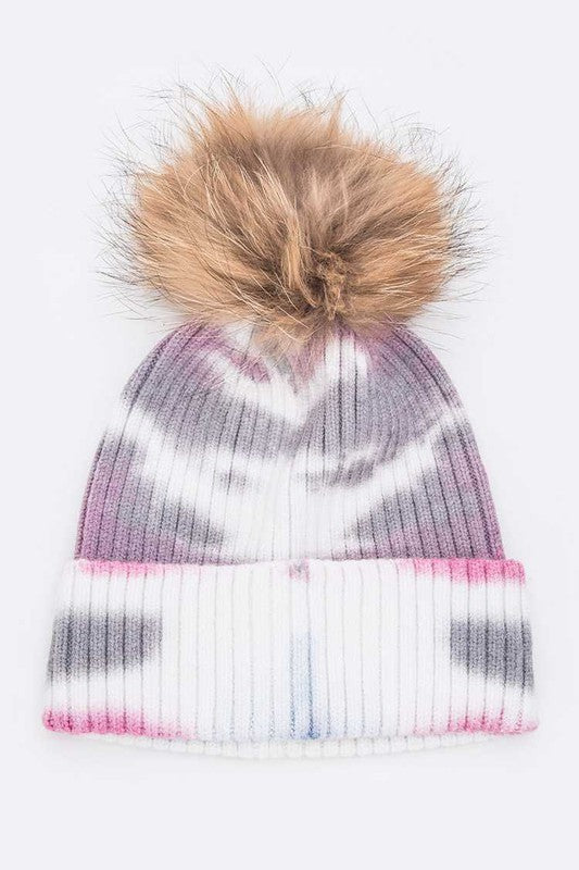 Women Tie Dyed Natural Raccoon Fur Pom Beanie | Zarnesh