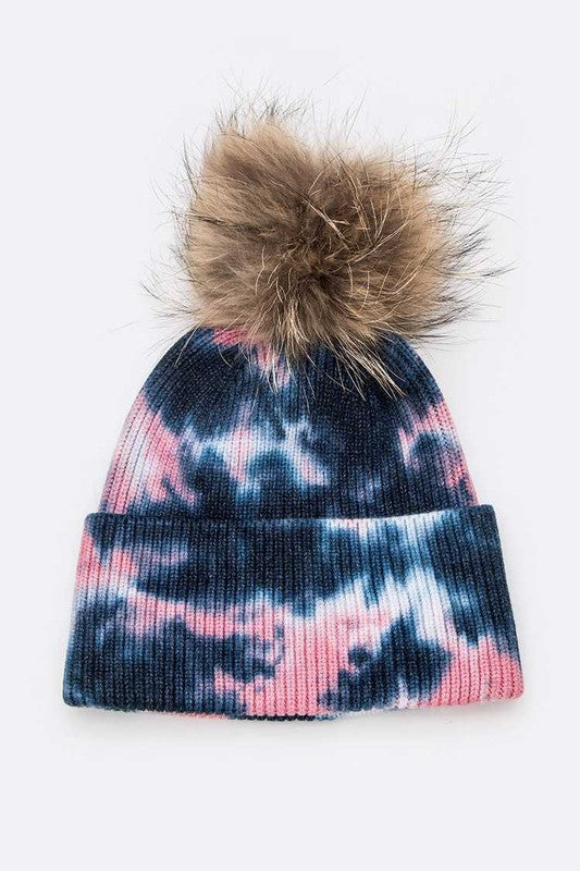 Women Tie Dyed Natural Raccoon Fur Pom Beanie | Zarnesh