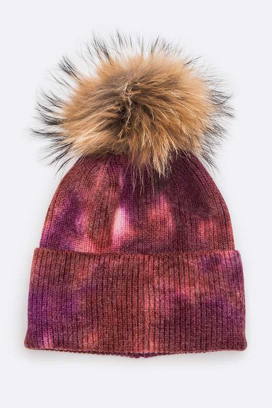 Women Tie Dyed Natural Raccoon Fur Pom Beanie | Zarnesh