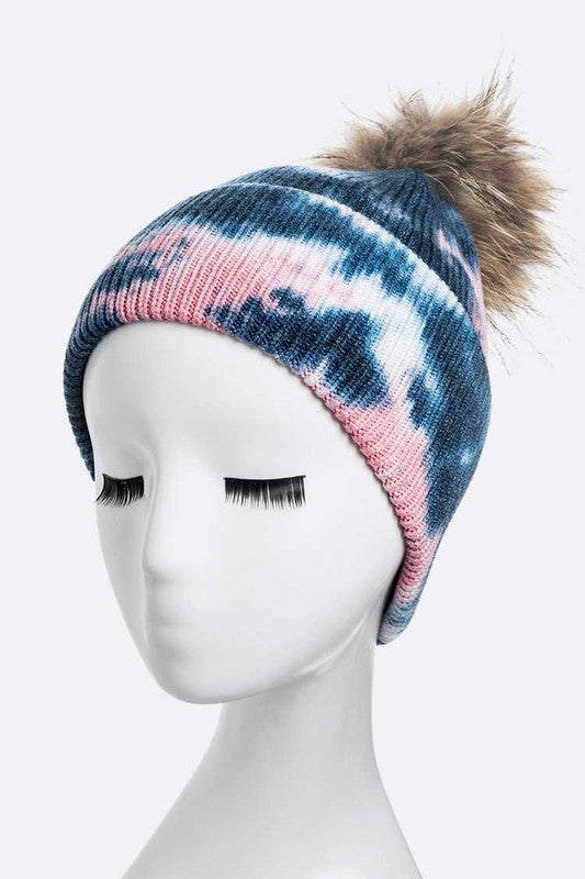 Women Tie Dyed Natural Raccoon Fur Pom Beanie | Zarnesh