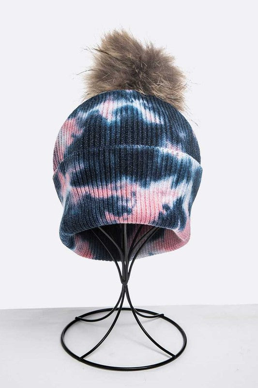 Women Tie Dyed Natural Raccoon Fur Pom Beanie | Zarnesh