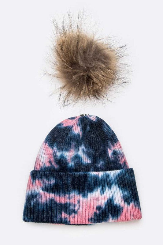 Women Tie Dyed Natural Raccoon Fur Pom Beanie | Zarnesh