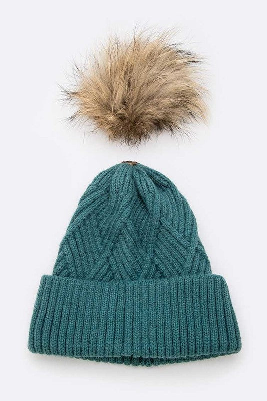 Women Raised Knit Raccoon Fur Pom Beanie | Zarnesh