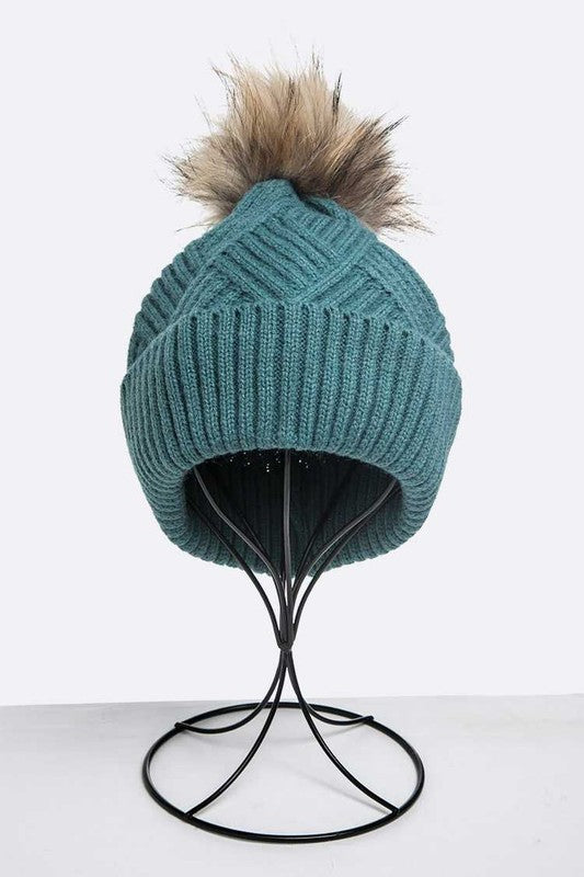 Women Raised Knit Raccoon Fur Pom Beanie | Zarnesh