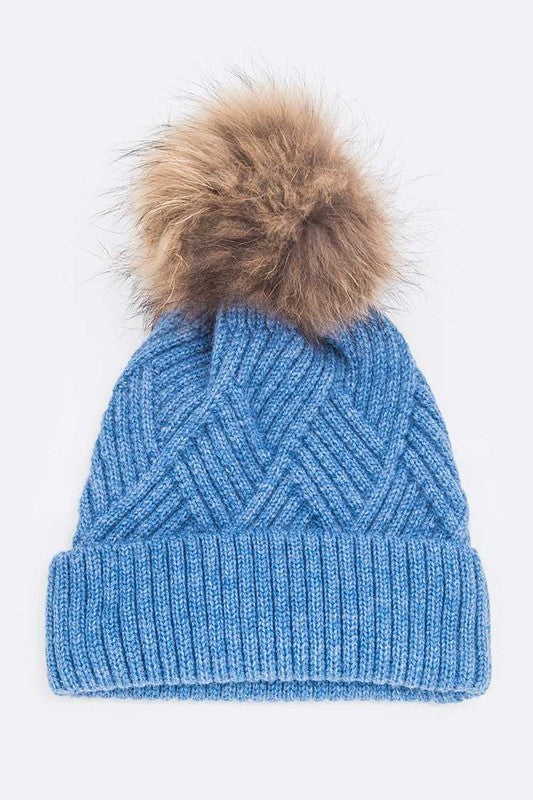 Women Raised Knit Raccoon Fur Pom Beanie | Zarnesh