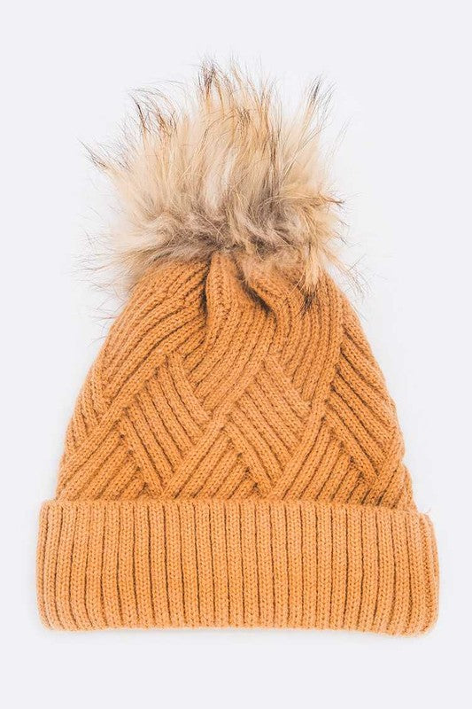 Women Raised Knit Raccoon Fur Pom Beanie | Zarnesh