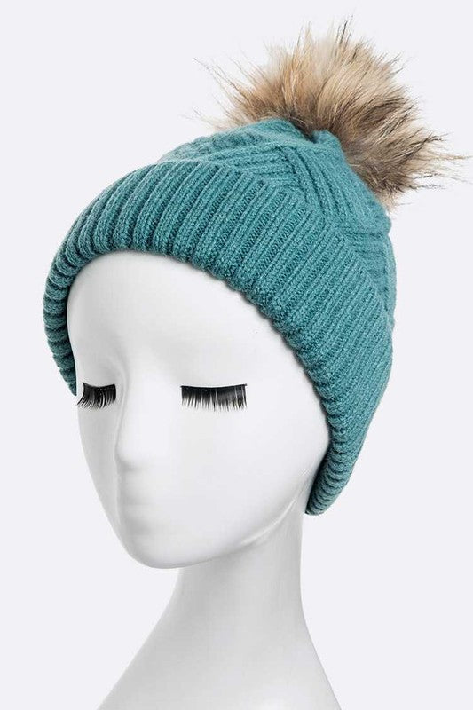 Women Raised Knit Raccoon Fur Pom Beanie | Zarnesh