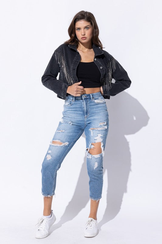 Women Crop Denim Jacket With Rhinestone Fringe | Zarnesh