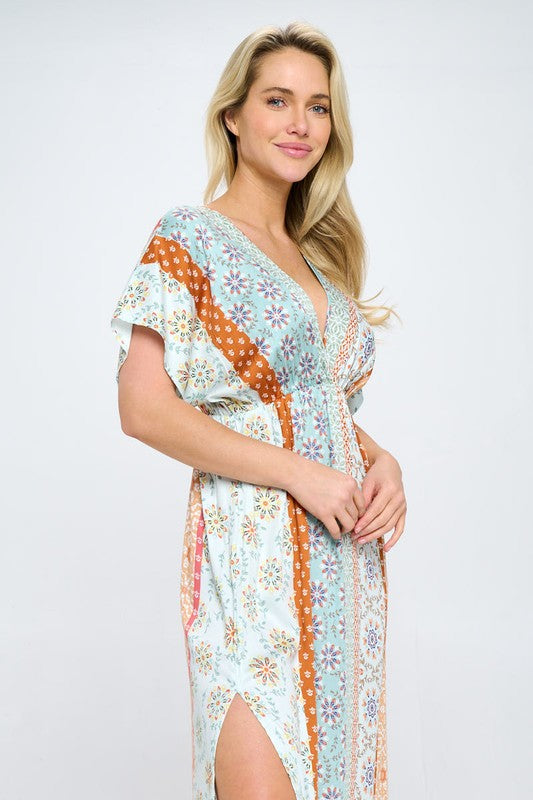 Women's Boho Print Kimono Maxi Dress with Side Slit | Zarnesh