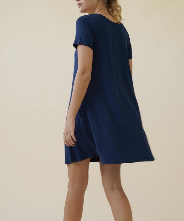 Women Bamboo Classic U Neck Draped Short Sleeve Mini Dress Zarnesh