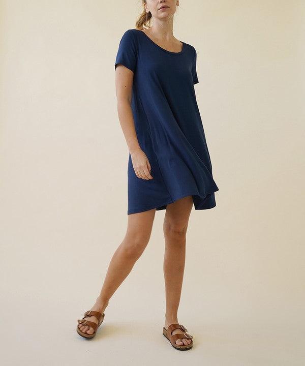 Women Bamboo Classic U Neck Draped Short Sleeve Mini Dress Zarnesh