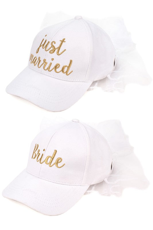  Women's C.C Wedding Bride Just Married Baseball Cap Embroidered Lace Veil BW-1 | Zarnesh