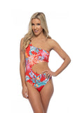 Women Bold Red Tropical Ring Accent One Shoulder One Piece Swim Zarnesh
