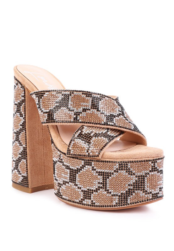 WOMEN'S SINFUL HIGH PLATFORM PATTERNED DIAMANTE SLIDES | ZARNESH