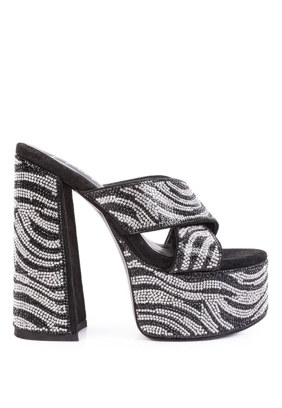 WOMEN'S SINFUL HIGH PLATFORM PATTERNED DIAMANTE SLIDES | ZARNESH