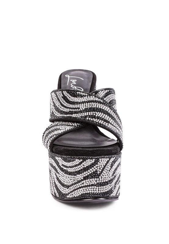 WOMEN'S SINFUL HIGH PLATFORM PATTERNED DIAMANTE SLIDES | ZARNESH