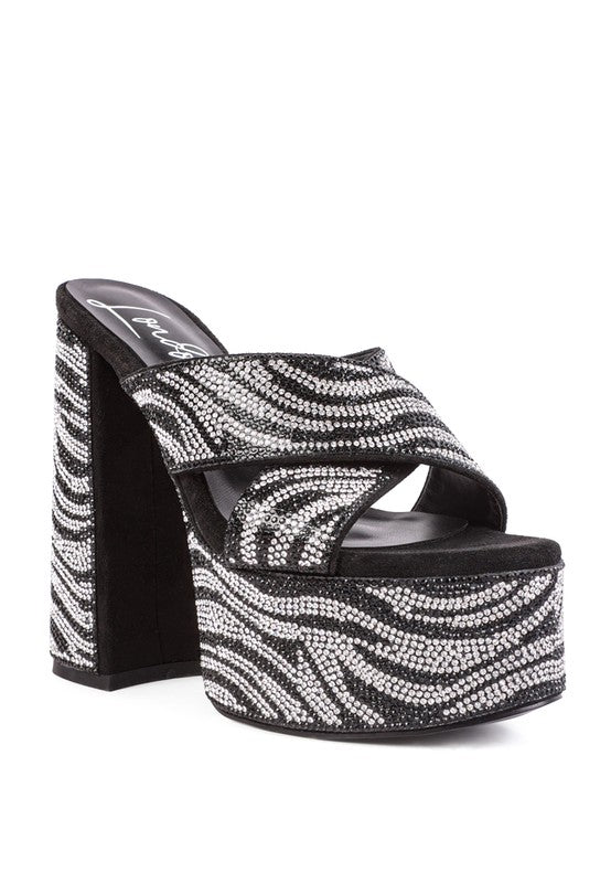 WOMEN'S SINFUL HIGH PLATFORM PATTERNED DIAMANTE SLIDES | ZARNESH