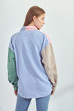 Women Corduroy Collar Front Pocket Loose Color Block Shirts Zarnesh