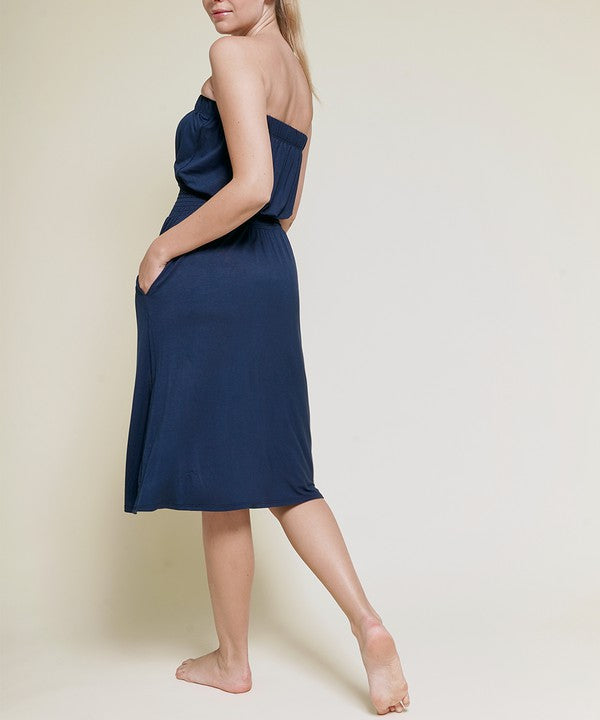 Women Bamboo Smock Waist Tube Knee Length Dress Zarnesh