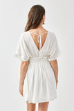 Women Smocked Waist V Neckline Short Sleeve Tassel Strap Dress Zarnesh