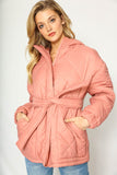 Women Premium Cozy Hood Self Tie Belt Zip Front Puffer Jacket Zarnesh