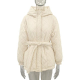 Women Premium Cozy Hood Self Tie Belt Zip Front Puffer Jacket Zarnesh