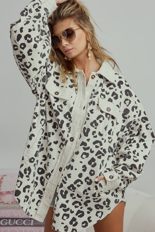 Women Vintage Washed Leopard Corduroy Buttoned Jacket | Zarnesh