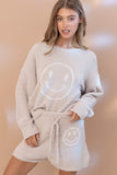 Women Smile Print Crewneck Cozy Soft Top Drawstring Shorts Set Zarnesh