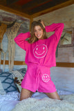 Women Smile Print Crewneck Cozy Soft Top Drawstring Shorts Set Zarnesh