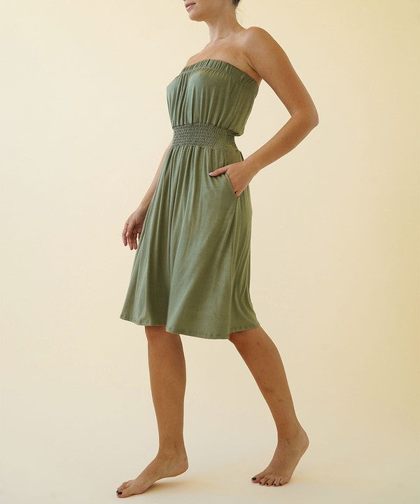 Women Bamboo Smock Waist Tube Knee Length Dress Zarnesh