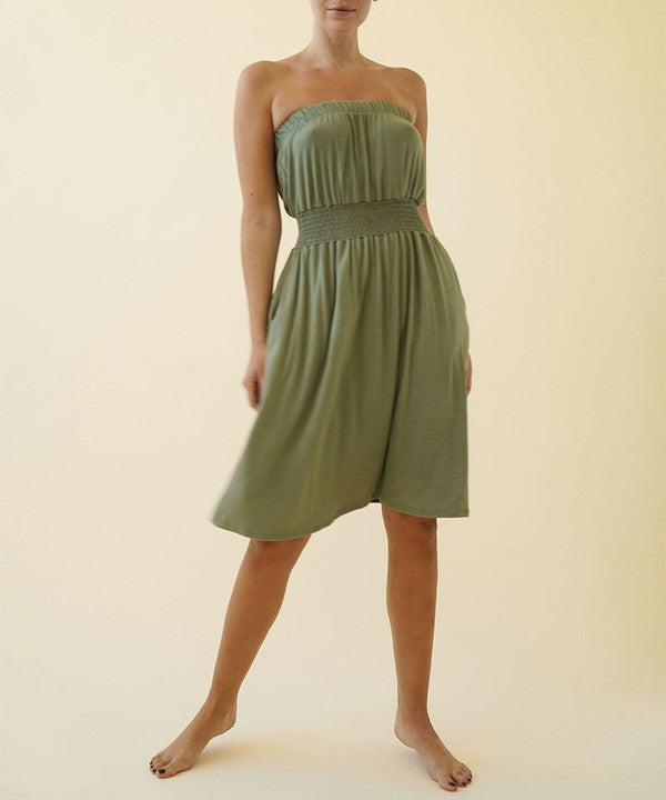 Women Bamboo Smock Waist Tube Knee Length Dress Zarnesh