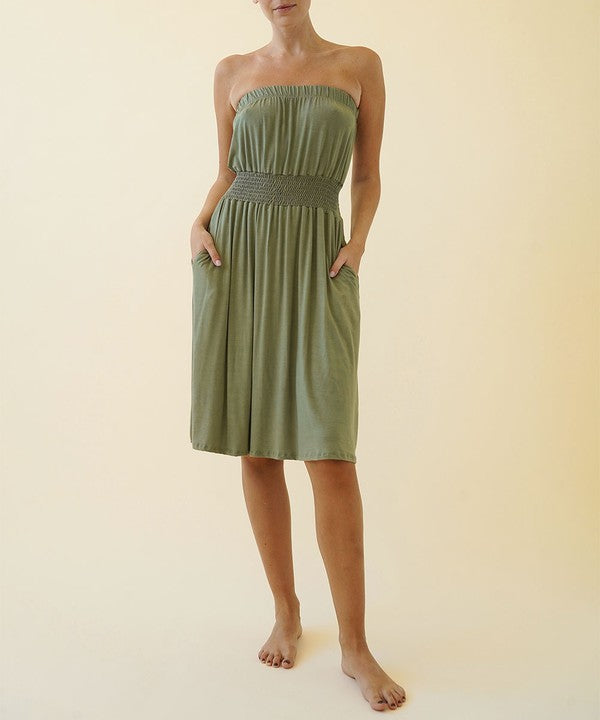 Women Bamboo Smock Waist Tube Knee Length Dress Zarnesh