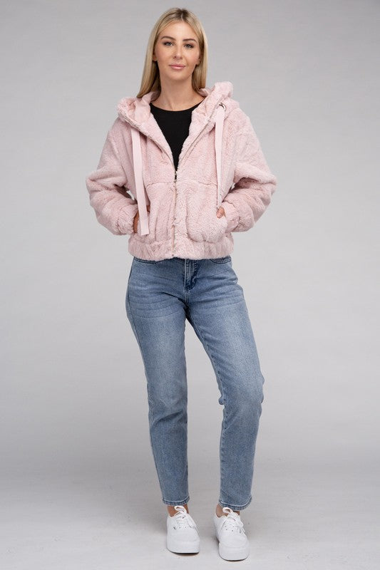 Women Fluffy Texture Zip-Up Teddy Hoodie Sweater | Zarnesh