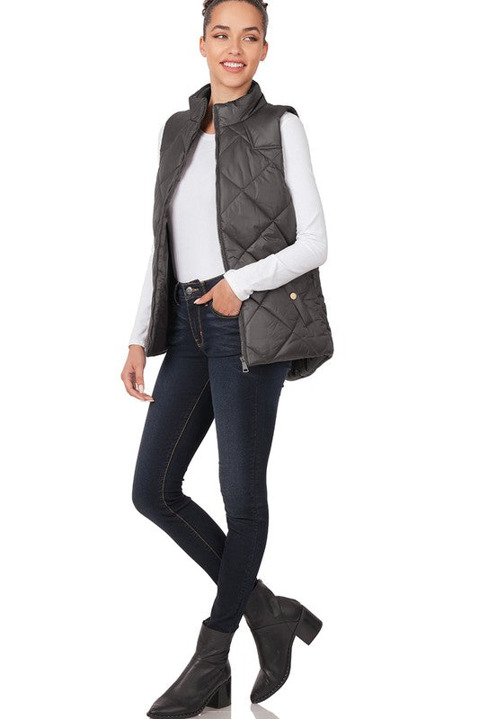 Women Diamond Quilted Zip Front Vest | Zarnesh