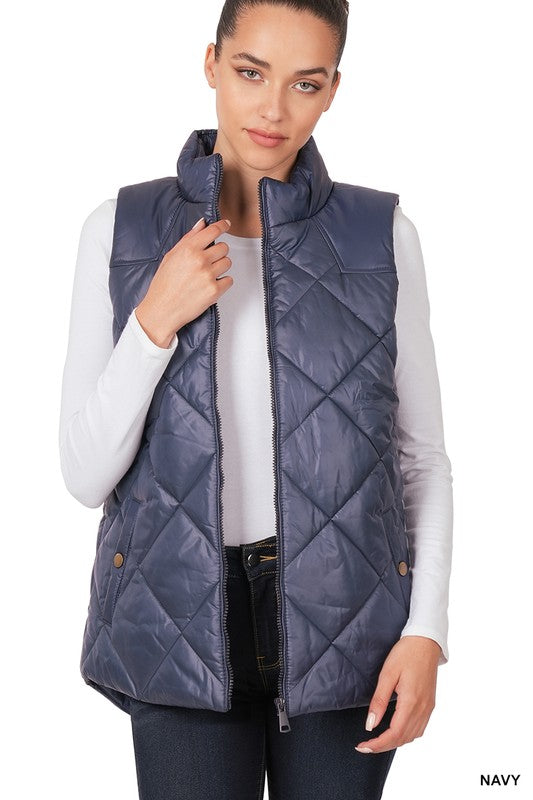 Women Diamond Quilted Zip Front Vest | Zarnesh