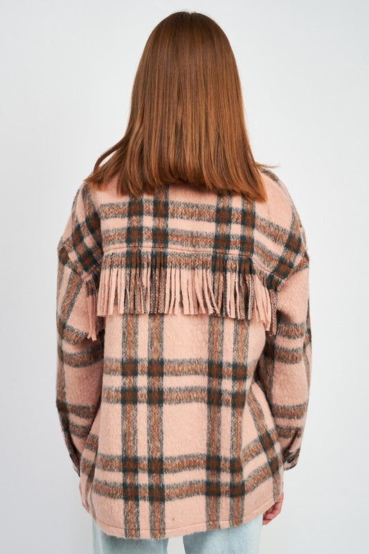 Women Oversized Plaid Jacket With Fringe | Zarnesh