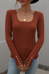 Women Square Neckline Long Sleeves Bodycon Top Button Detail Zarnesh