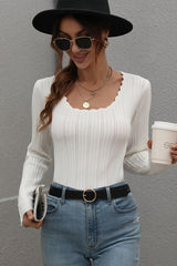 Women Square Neckline Long Sleeves Bodycon Top Button Detail Zarnesh